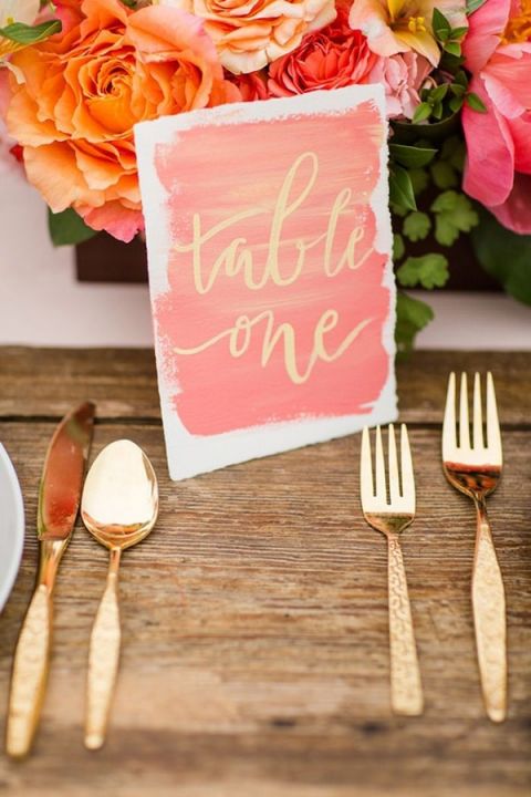 Calligraphy Watercolor Table Number in Coral and Gold 