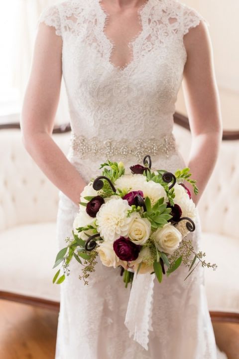 Purple, White, and Green Bouquet with a Classic Lace Dress | Kirsten Smith Photography | English Inspired Country Club Wedding in Purple and White