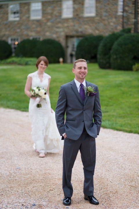 Country Club First Look | Kirsten Smith Photography | English Inspired Country Club Wedding in Purple and White