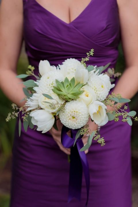 Deep Purple Bridesmaid Dress with White Bouquet | Kirsten Smith Photography | English Inspired Country Club Wedding in Purple and White