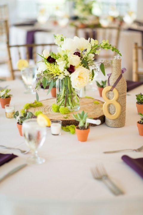 Green and White Centerpieces | Kirsten Smith Photography | English Inspired Country Club Wedding in Purple and White