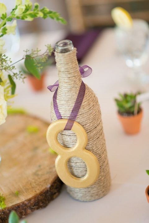 Twine Wrapped Wine Bottle Table Numbers | Kirsten Smith Photography | English Inspired Country Club Wedding in Purple and White