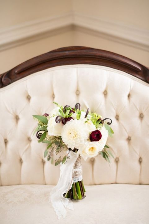 Ivory and Merlot Bridal Bouquet with Fiddlehead Ferns | Kirsten Smith Photography | English Inspired Country Club Wedding in Purple and White