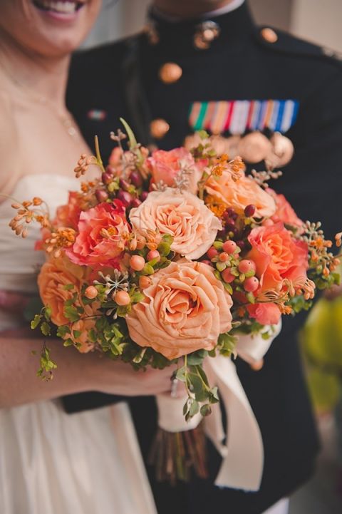 Stunning Peach and Orange Fall Bouquet | Bit of Ivory Photography | Traditional Autumn Wedding in Eggplant and Orange