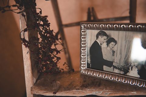 Grandparents Wedding Photos at the Memory Table | Bit of Ivory Photography | Traditional Autumn Wedding in Eggplant and Orange