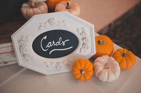 Chalkboard and Pumpkin Card Display | Bit of Ivory Photography | Traditional Autumn Wedding in Eggplant and Orange