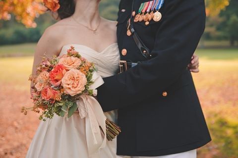 A Groom in Uniform and a Gorgeous Fall Bouquet! | Bit of Ivory Photography | Traditional Autumn Wedding in Eggplant and Orange