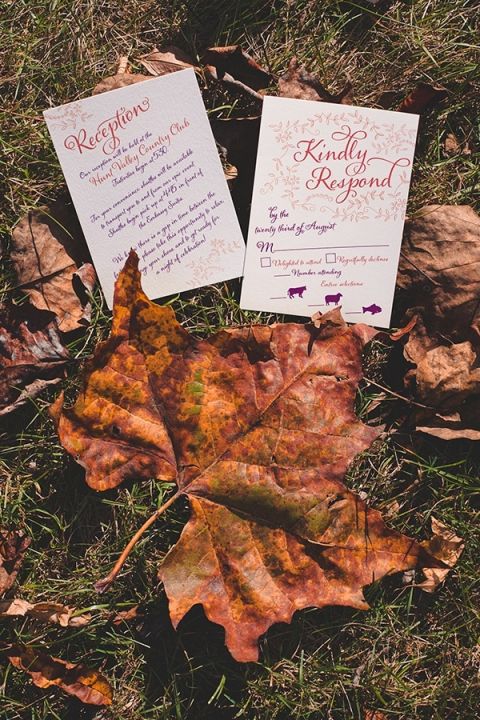 Wedding Invitations with Fall Leaves | Bit of Ivory Photography | Traditional Autumn Wedding in Eggplant and Orange