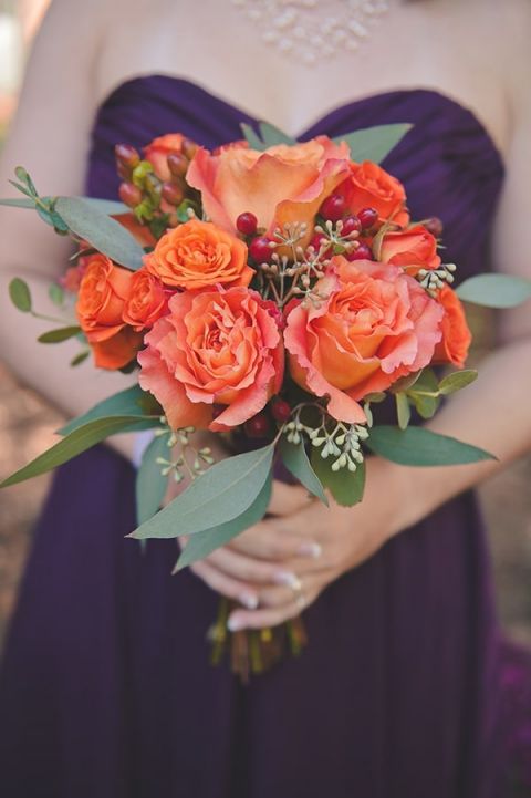 Bridesmaid Bouquet with Ruffled Orange Roses and Eucalyptus | Bit of Ivory Photography | Traditional Autumn Wedding in Eggplant and Orange