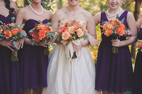 Bridesmaids in Purple with Deep Orange Bouquets | Bit of Ivory Photography | Traditional Autumn Wedding in Eggplant and Orange
