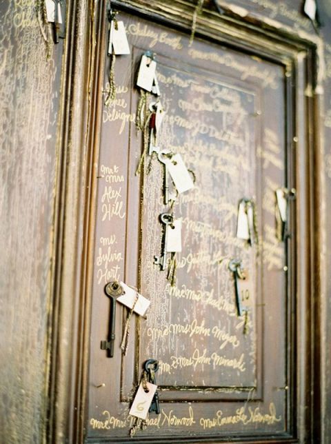 Gold Keys and Calligraphy Escort Cards | Jose Villa Photography | Raw and Refined Elegant Winter Wedding in Slate and Stone