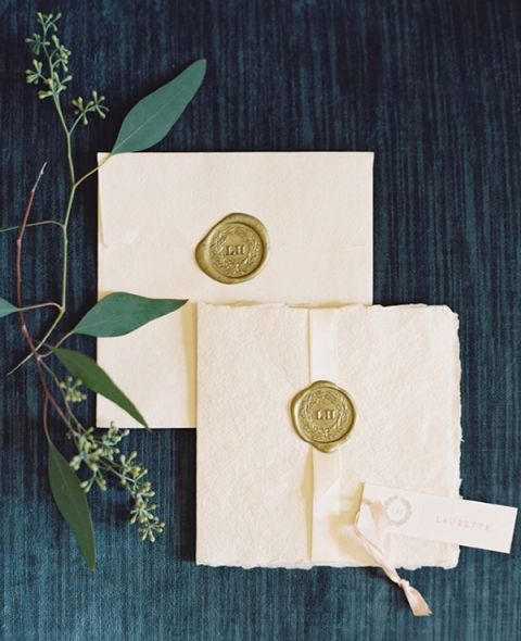 Luxe Cream Stationery with Gold Sealing Wax | Laura Gordon Photography | Raw and Refined Elegant Winter Wedding in Slate and Stone