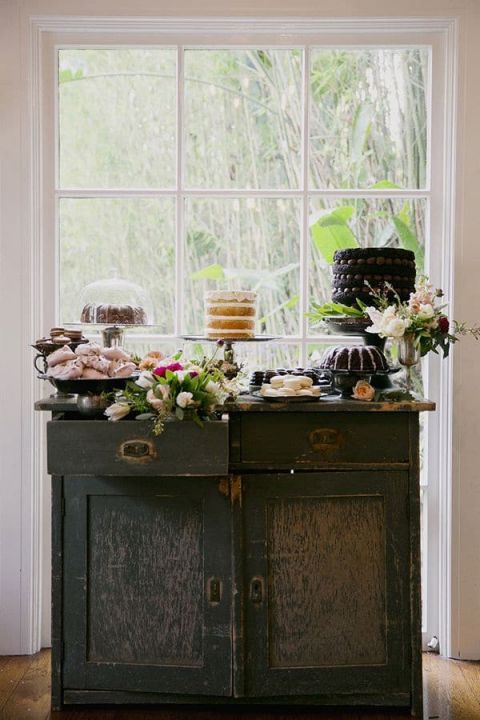 Darkly Romantic Wedding Cake and Dessert Display | This Modern Romance Photography | Light and Shadow - Still Life Inspired Fine Art Wedding Styling in Moody Winter Shades