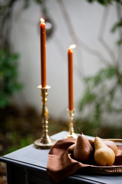 Still Life Gold Candlesticks and Pears | Jen and Chris Creed Photography | Light and Shadow - Still Life Inspired Fine Art Wedding Styling in Moody Winter Shades