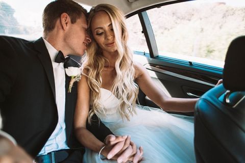 A Vintage Get Away Car for the Bride and Groom | Vitaly M Photography | Black Tie Coastal Wedding with Classic Beach Details