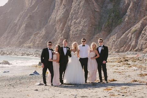 Beach Glam Wedding Party Portraits in Laguna Beach | Vitaly M Photography | Black Tie Coastal Wedding with Glam Neutral Details