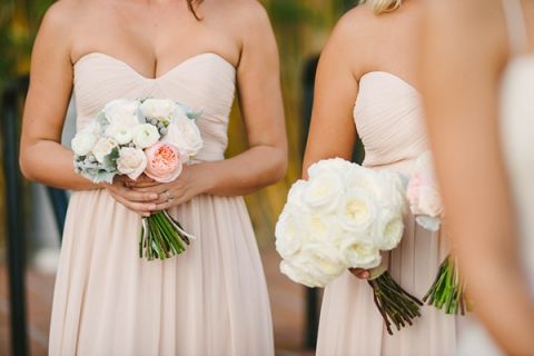 Bridesmaids in Floor Length Blush Dresses | Vitaly M Photography | Black Tie Coastal Wedding with Classic Beach Details