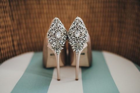 Jeweled Champagne Wedding Shoes | Vitaly M Photography | Black Tie Coastal Wedding with Classic Beach Details