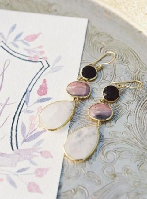 Gemstone Earrings on a Vintage Pewter Tray | Brett Heidebrecht Photography | Pewter and Plum - Luxe Vintage Wedding Inspiration in Silver and Purple