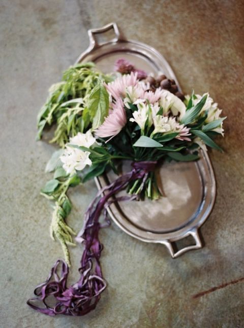 Wild Purple Bouquet with Trailing Ribbons | Katie Grant Photography | Pewter and Plum - Luxe Vintage Wedding Inspiration in Silver and Purple