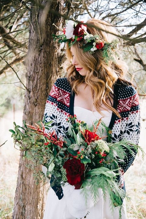 Cozy Winter Bride in a Patterned Cardigan over a Simple Wedding Dress | Nicole Colwell Photography | https://heyweddinglady.com/festive-styled-wedding-in-the-winter-woods-with-a-corgi-in-a-holiday-sweater/