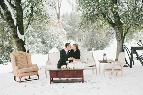 A Vintage Lounge Set Up in the Snow | onelove photography | Classic Winter Elegance for a Rustic Vintage Barn Wedding