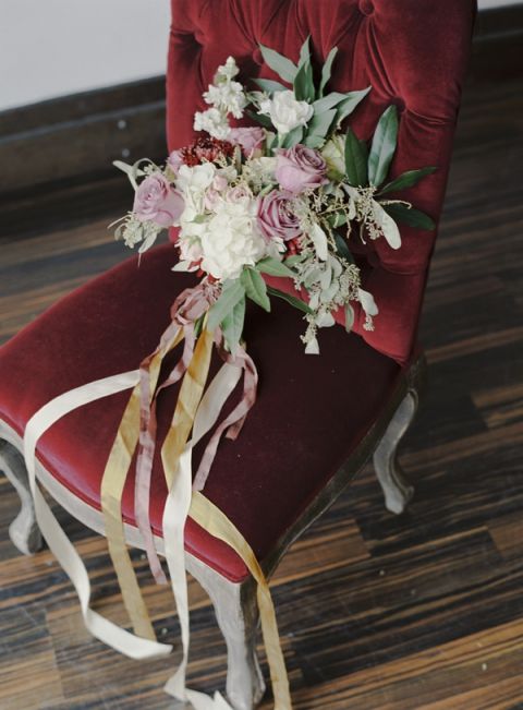 Pink and Berry Bouquet with Trailing Ribbons | Loblee Photography | Modern Floral Print and Gold Sequin Bridal Portraits