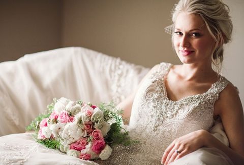 Beaded Lace Wedding Dress with a Pink and White Bouquet | Megan Robinson Photography and Leslie Dawn Events | Pearls and Roses - Vintage French Glam Wedding Portraits