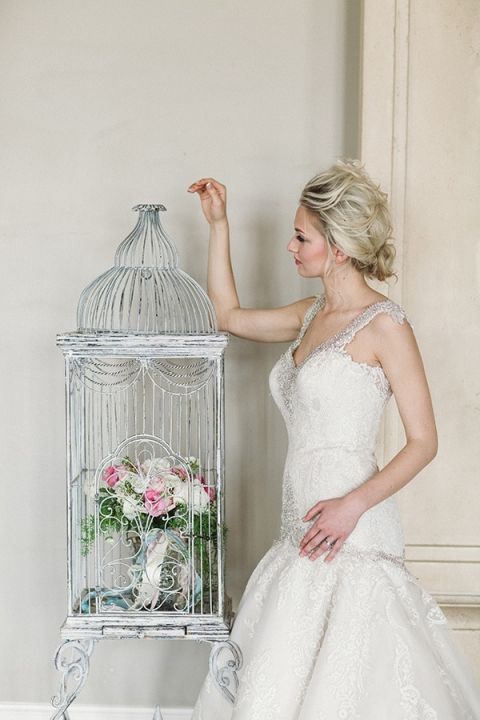 Bouquet in a Vintage Birdcage | Megan Robinson Photography | Megan Robinson Photography and Leslie Dawn Events | Pearls and Roses - Vintage French Glam Wedding Portraits