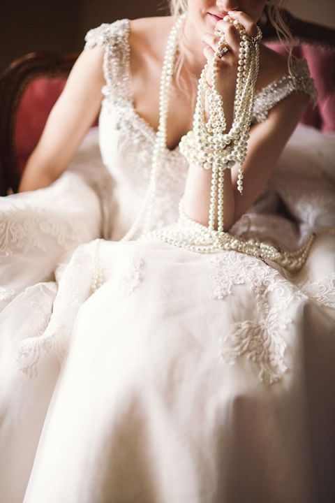 Elegant Ivory Wedding Dress with Strands of Pearls | Megan Robinson Photography and Leslie Dawn Events | Pearls and Roses - Vintage French Glam Wedding Portraits