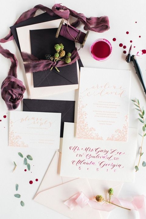 Luxurious Plum Calligraphy Wedding Invitation | Rustic White Photography | Winter Light - Graceful Burgundy and Blush Wedding Shoot