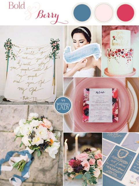 Bold Blue and Berry Artistic Wedding Inspiration with Floral Print and Calligraphy Details