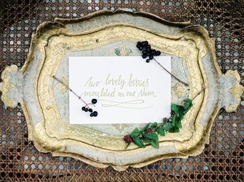 Calligraphy Shakespeare Quote on a Vintage Gold Tray | Melanie Nedelko Photography | A Lush Midsummer Wedding on the River in Fresh Berry and Mint