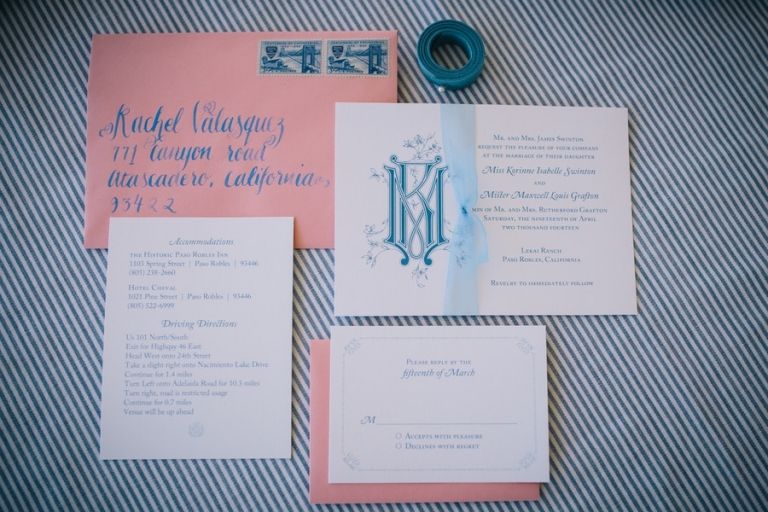 Wedding Invitation with Custom Monogram | Lisa Mallory Photography | Preppy Southern Charm Wedding in Blue, Blush, and Gold