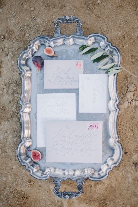 Calligraphy Invitations on a Silver Tray | Whiskers and Willow Photography | Sea Foam and Peach Coastal Wedding Inspiration