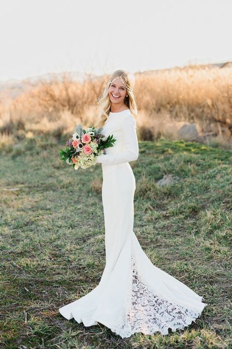 Column Wedding Dress with a Lace Train | Amanda Hendrickson Photography | Blush and Gold Boho Bride at Magic Hour