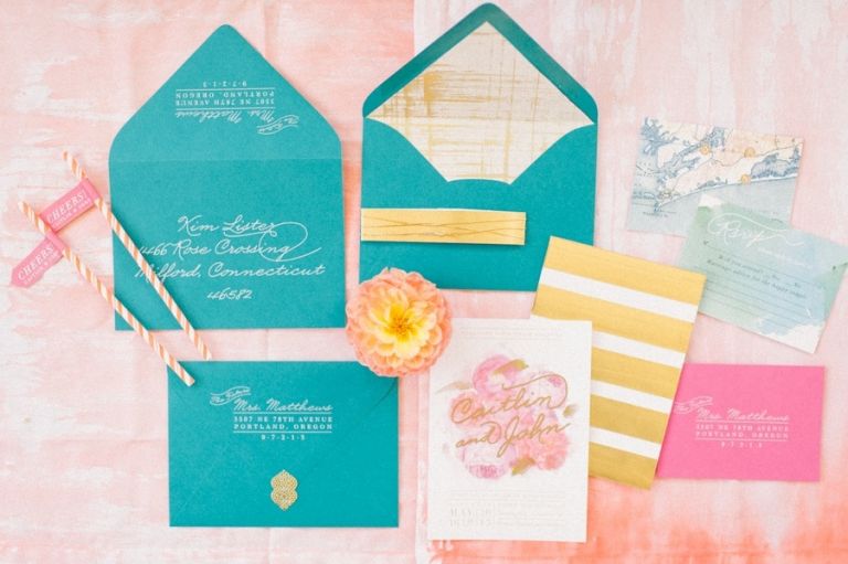 Aqua and Gold Stripe Wedding Invitation Suite