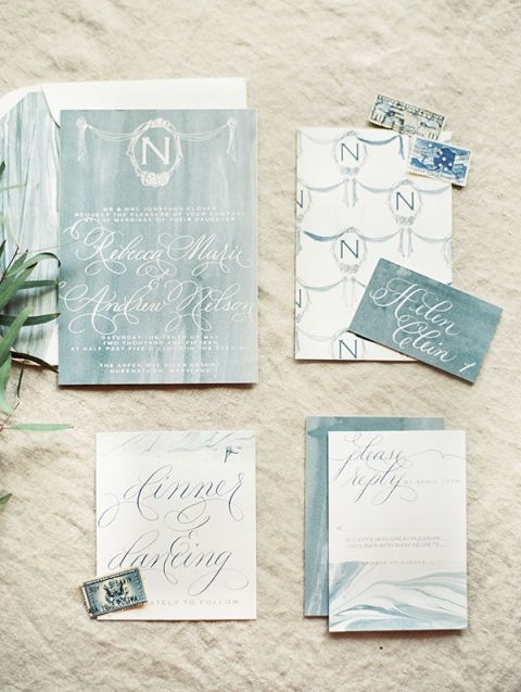 Elegant Calligraphy and Watercolor Wedding Invitation | Krista A. Jones Fine Art Photography | Artistic French Blue Wedding