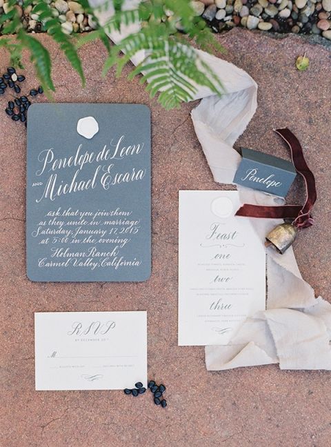 Charcoal and Ivory Calligraphy Invitation | Jessica Burke Photography | Colorful California Mission Weddi