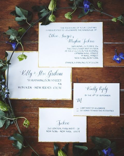 Royal Blue Calligraphy Wedding Invitations | Bri Johnson Photography | https://heyweddinglady.com/urban-bridal-styled-shoot-where-vintage-meets-modern/