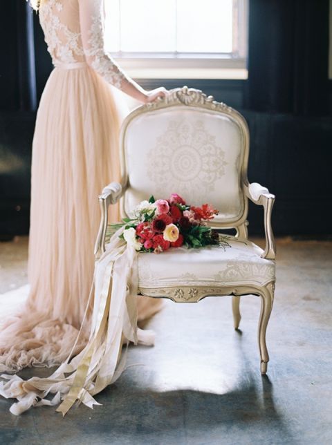 Chiffon Wedding Dress with a Vintage Chair | Maria Lamb Photography | https://heyweddinglady.com/most-unique-inventive-wedding-design-ideas-2015/