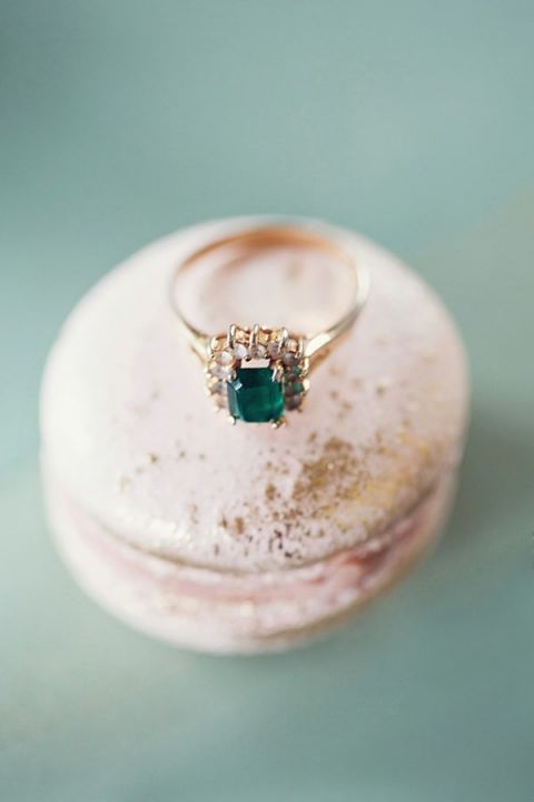 Emerald Engagement Ring and Gold Dust Dessert! | Peaches and Mint Photography | https://heyweddinglady.com/wild-heart-carefree-bohemian-wedding-peach-sage/