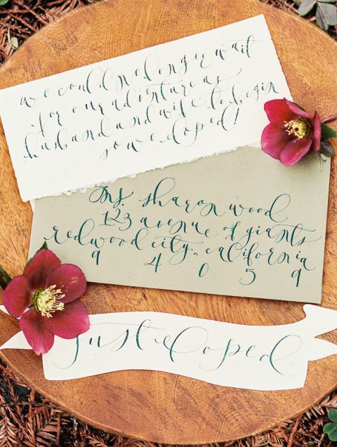 Elegant Calligraphy Wedding Invitation with Rich Purple Hellebores | Perry Vaile Photography | https://heyweddinglady.com/fine-art-adventure-loving-redwood-elopement/