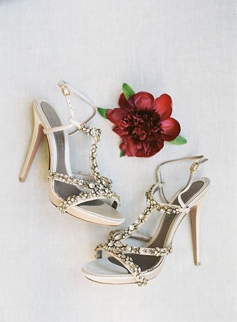 Sparkling Silver Heels with a Crimson Charm Peony | Heather Waraksa Photography | https://heyweddinglady.com/rich-romantic-garnet-mocha-wedding-valentines-day/