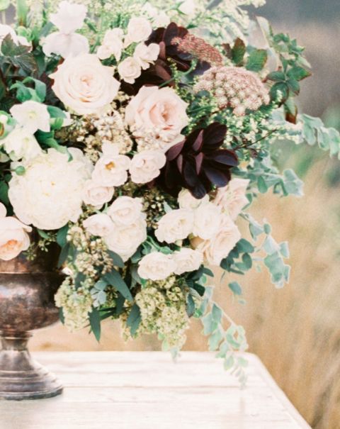 Taupe and Chocolate Brown Centerpiece | Sally Pinera Photography | https://heyweddinglady.com/rich-romantic-garnet-mocha-wedding-valentines-day/