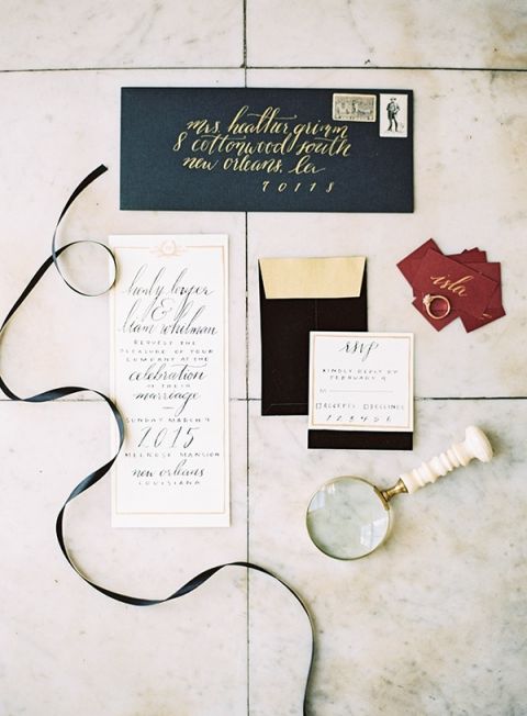 Elegant Black and Gold Invitation Suite with Pops of Marsala