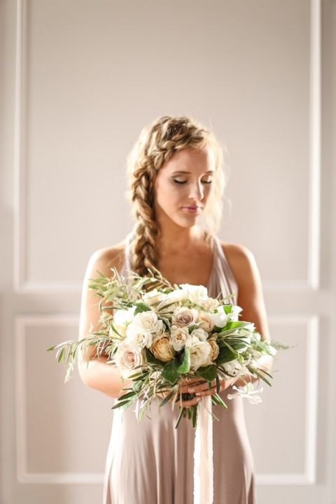 Relaxed and Romantic Bride with a Braided Crown and Neutral Bouquet | SLF Weddings | https://heyweddinglady.com/intimate-love-story-engagement-blush-taupe-gold/