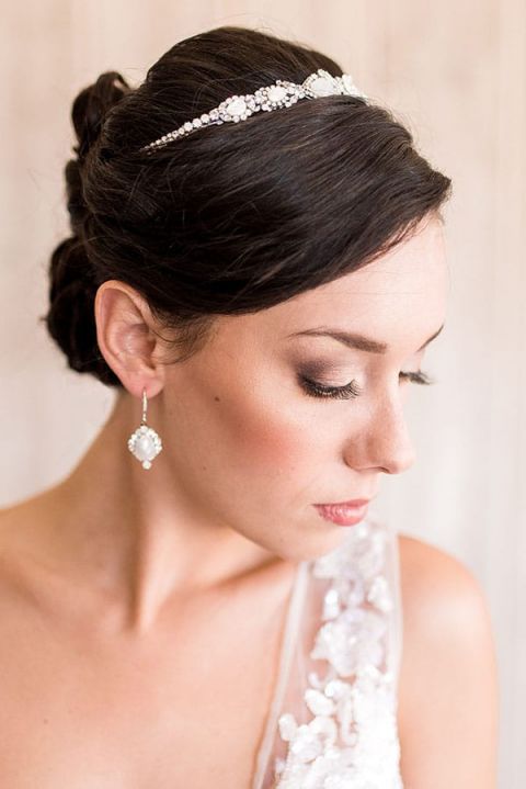 Styling a Modern Bridal Tiara with a Blush Wedding Dress 