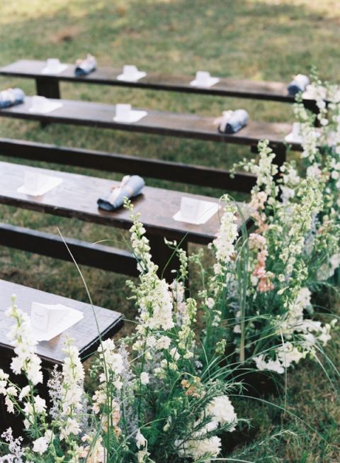 Rustic Wedding Ceremony with Vintage Benches and Wildflower Aisle Decor