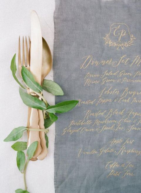 Gold Calligraphy Menu and Metallic Flatware